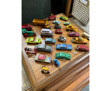 A Collection of play worn dinky and corgi models to include Corgi Austen Seven, Ford Thames Caravan, Dinky Rolls- Royce silve