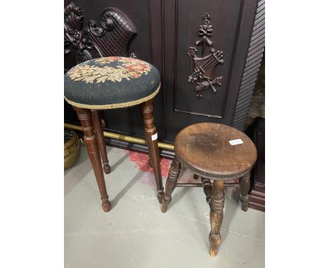 Antique tapestry top stool and antique oak wooden stool. 
