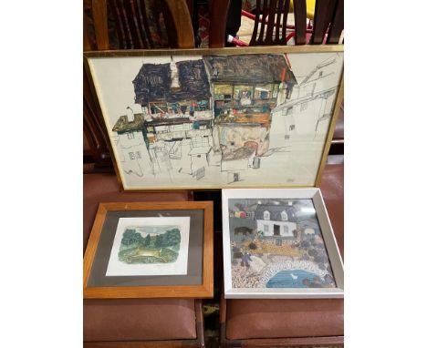 Three various artworks to include limited edition rabbit print by Kingsley- Cook. Carola Gordan- Fabric Cottage 'The Croft' a