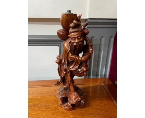 Antique hardwood oriental hand carved old gentleman figurine/ table lamp base. [ 