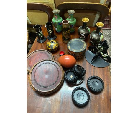 A Selection of collectables to include two pairs of Chinese cloisonné vases, Various hardwood stands, Paper mache vases and w