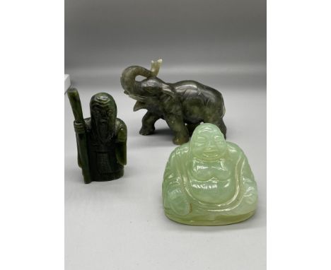 A Lot of three Chinese hand carved Jade and Spinach Jade figurines. Includes Laughing buddha, Old gentleman with walking stic