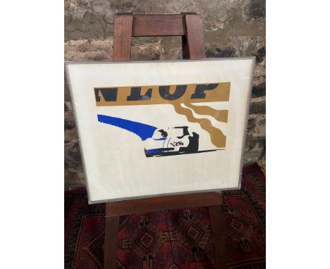 A Rare pop art print of a Chevron B.M.W. racing car. Signed by the artist and dated 1969. Fitted within a think perspex glass