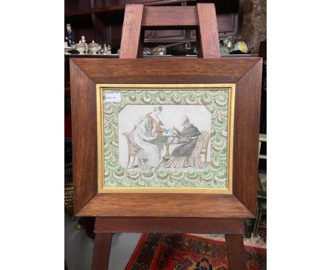 A 19th century engraving coloured print of three women about to play cards. Fitted with a Mahogany frame. 