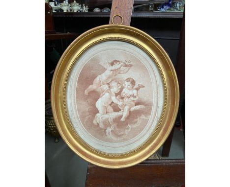 Antique print depicting three cherubs, Caroline Watson Sculp. Fitted within a gilt frame. 