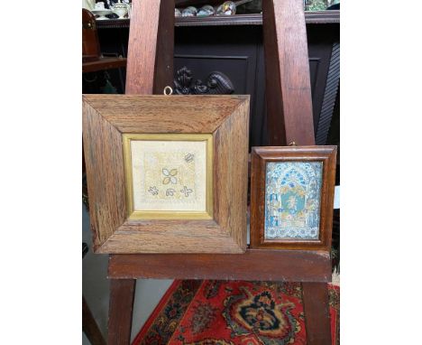 A Framed antique tapestry and framed card. Tapestry is within a rosewood frame. 
