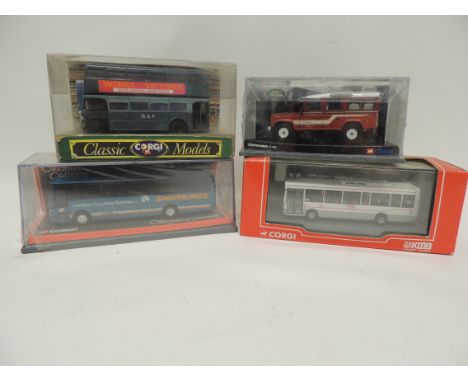 CORGI - limited edition 1:43 scale Land Rover Defender 110; D599 AEC Bus; Shearings Coach and KMB bus all in original display