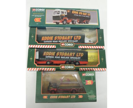 CORGI - Eddie Stobart 59504 Volvo Curtainside; 23203 Bedford TK 4 Wheel Platform Lorry; 595502 ERF Curtainside Trailer and 23