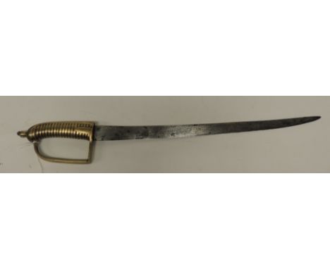 A short sword, the brass stirrup hilt with grooved grip, with narrow single edged blade, each side punched with a face in a h