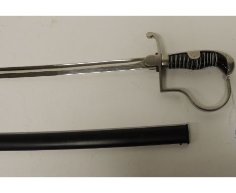 A 20th Century sword with white metal stirrup hilt, wire bound black grip, slightly curved single edge blade and in black met