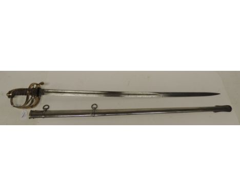 A Victorian officers sword having brass open work hilt with crowned VR cypher, wire bound shagreen grip and straight blade by