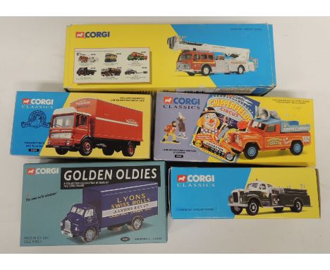 CORGI - Classics: Mackintosh's AEC Truck Set; Elkridge Mack B Pumper; Cheshire Fire Brigade Simon Snorkel; Chipperfields Circ