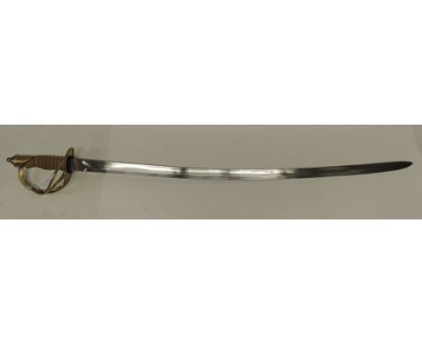 A heavy cavalry type sword with brass grip, slightly curved heavy blade, 89cms long ++grip replaced, hilt and blade cleaned, 