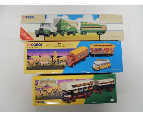 CORGI - The Showmans Range: 09901 Pat Collins ERF Dodgem Truck and Box Trailer set; Classics 31702 Saddler's ERF Box Van, Sho