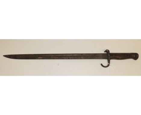 A bayonet with wood grip, deeply fullered single edge blade dated 1907, overall length 55cms, lacks scabbard