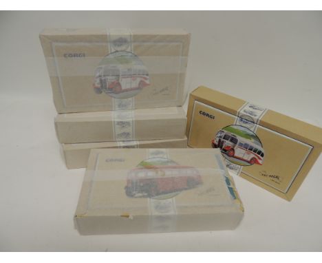CORGI - Classic Commercials: AEC Regal Coaches, white with red detail, boxed (4) and another, red, boxed (5 in total) ++mint/