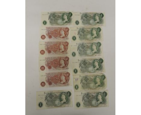 Four Bank of England portrait series 10/- notes signed Fforde together with two £1 notes signed Fforde and six £1 notes signe
