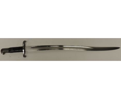 A bayonet with black grip and long, yataghan blade, un-marked and in made-up scabbard, blade 58.5cms long