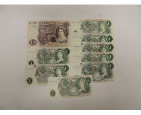 Bank of England portrait series £10 note signed Hollom A21 291468 together with one £1 note signed Fforde and seven £1 notes 