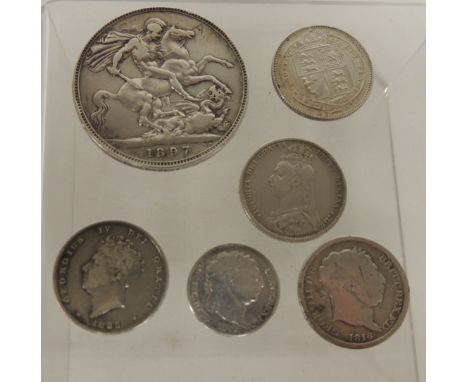 VICTORIA - Shilling 1887; Crown 1897 LX and four other silver coins, all had light clean