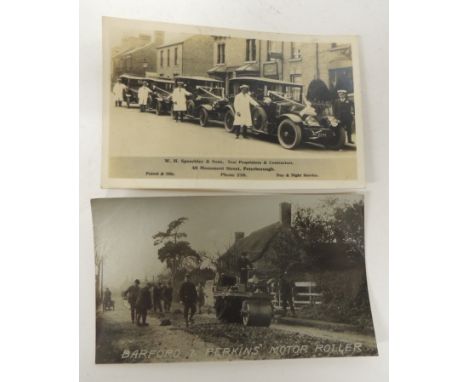 A photographic advertising card for Barford & Perkins' Motor Roller with details printed on the back together with another fo