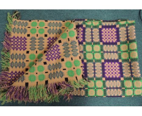 A vintage Welsh woven wool blanket, double sided with geometric pattern in green/orange/purple, 225cms x 190cms ++good condit