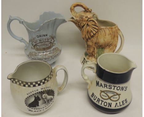 A Drosdty Ware Tusker Beer jug in the form of a trumpeting elephant, 24cms high together with three early water jugs: McNish'