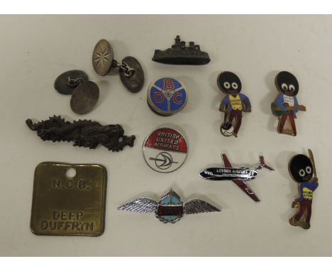 Robertson Golly badges - cricketer, footballer and guitar playing Gollies; some airline and related badges, a pair of silver 