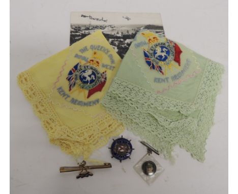 WWI sweetheart brooch of a mother of pearl disc with applied photo portrait; a Royal West Kent sweetheart brooch; a silver me