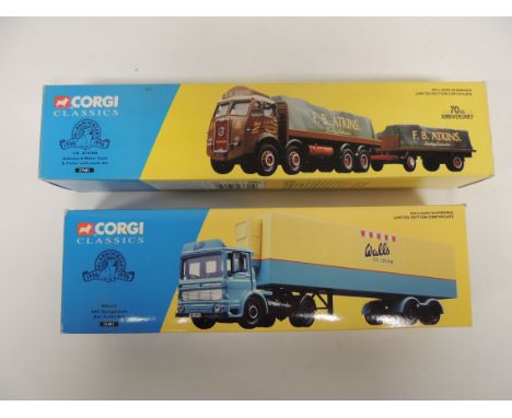 CORGI - Classics 21401 Wall's AEC Refrigerated Box Trailer Set and 27601 F B Atkins 8 wheel truck and trailer set, both boxed