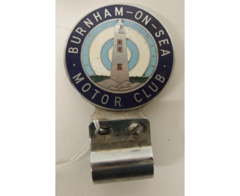 An enamelled white metal car bumper badge for Burnham on Sea Motor Club, with fixing bracket together with A MG key fob and t