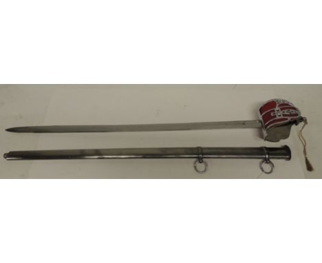 A reproduction sword with white metal basket hilt lined with red card, wire bound black grip, straight heavy blade and in pol