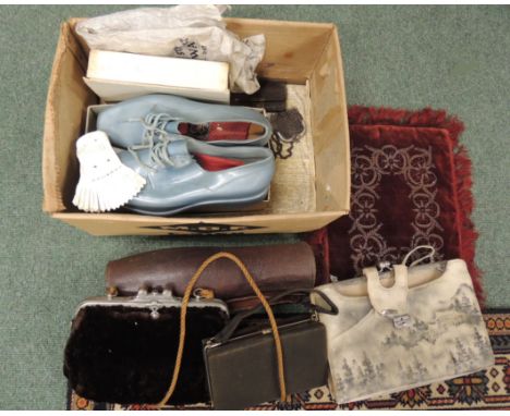 A pair of c.1950/60's ladies light blue plastic bowls (?) shoes with metal spikes; ladies bags; pair of brown leather legging