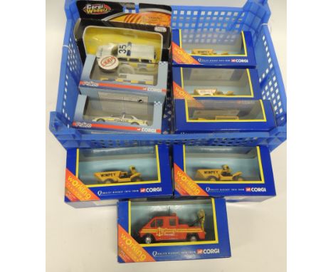 CORGI - two Vanguard Police vehicles; Corgi Wheelz Police vehicle; 5 Wimpey Dumper Trucks and a Transit Wrecker, all in origi