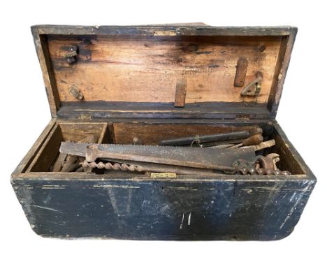 VINTAGE PINE TOOLBOX with contents of good quantity of old tools, having iron carrying handles, 40cms H, 94cms W, 39cms D