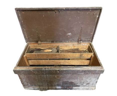 VINTAGE PINE TOOLBOX with contents of old tools, having iron carrying handles, 50cms H, 96cms w, 48cms D