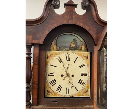 19th CENTURY MAHOGANY LONGCASE CLOCK, eight day rocking ship movement, 51 x 35.5cms dial, twin weight pendulum driven bell st