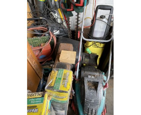 LARGE TOOL ASSORTMENT to include compressor, power washer, long handled Ryobi electric pruners, Bosch hedge trimmer, garden r