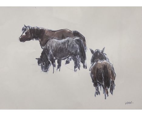 SIR KYFFIN WILLIAMS RA print - three ponies, signed with initials, 24 x 34cms