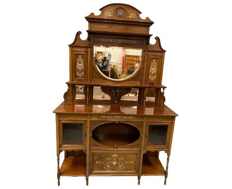 CIRCA 1900 MIRRORED SIDE CABINET - inlaid mahogany, multi-mirrored top section with pillared supports and shelf, the base wit