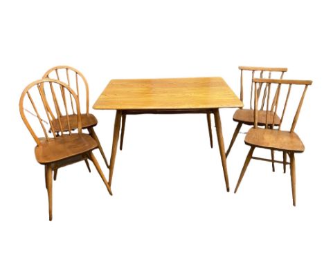 ERCOL DINING TABLE in light elm, 73cms H, 100cms W, 70cms D with four spindleback dining chairs (two pairs)