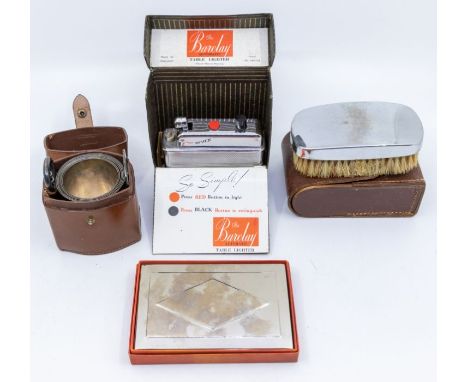 A set of six Walker &amp; Hall silver plated beakers, in leather case; a plated cigarette case Consort in box; a Barclay auto