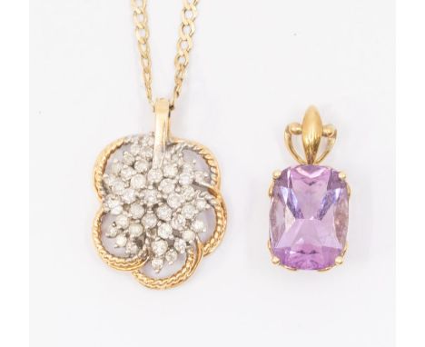 A diamond and 9ct gold cluster pendant, claw set with round brilliant cut diamonds, size approx 28mm, on a flat link 9ct gold