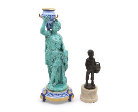 Early 20th Century Continental turquoise single candlestick, in the Regency style along with early 20th Century bronze figure