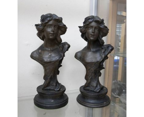 Two matching reproduction Art Nouveau busts of a lady coated with bronze