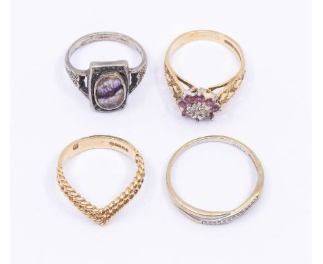 A collection of jewellery to include a ruby and diamond 9ct gold cluster ring, size M, a 9ct gold wishbone ring, size M1/2, a