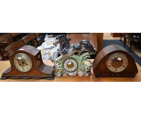Two 1930's 8 day mantle clocks along with 1950's ceramic mantle clock with horse detail