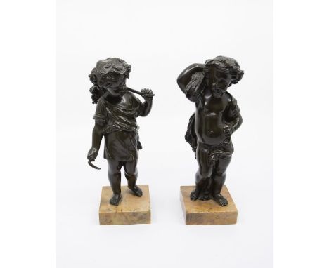 A pair of 20th Century bronze putti on marble bases, height 21cm&nbsp;