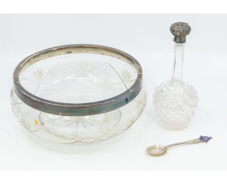 A collection of silver to include:&nbsp;A Victorian glass elongated scent bottle with silver collar and detachable cover, hal