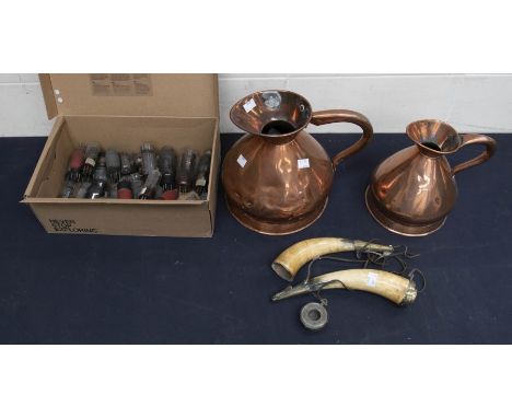 Two horn gun powder pots, along with a box of vintage bulbs with two copper water jugs
